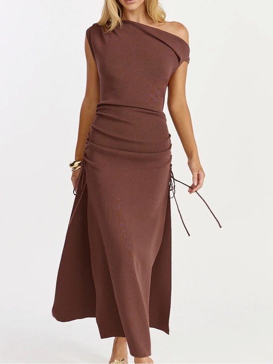 Lioness Dresses & Skirts - Lioness Brown One-Shoulder Ruched Maxi Dress